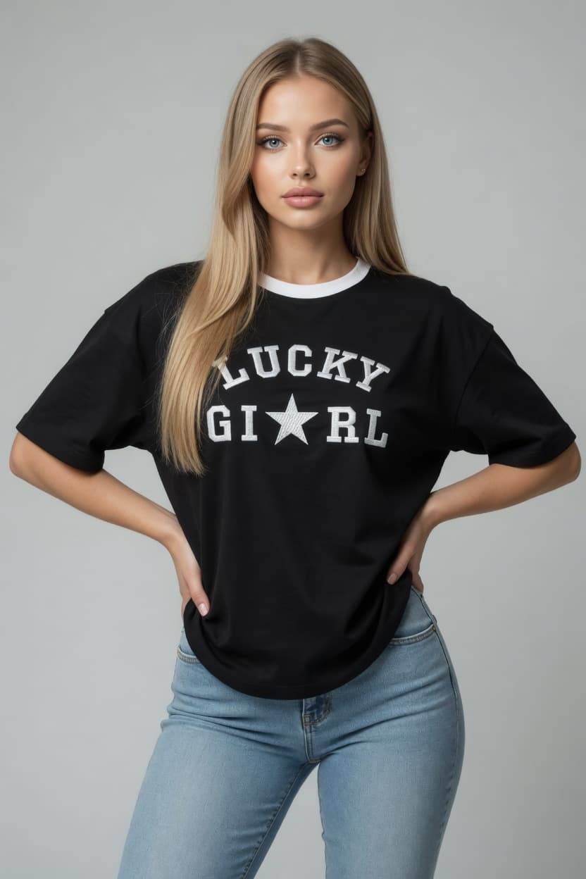 KOSZULKA DAMSKA OVERSIZE - KOLOR CZARNY - NADRUK HAFTOWANY LUCKY GIRL