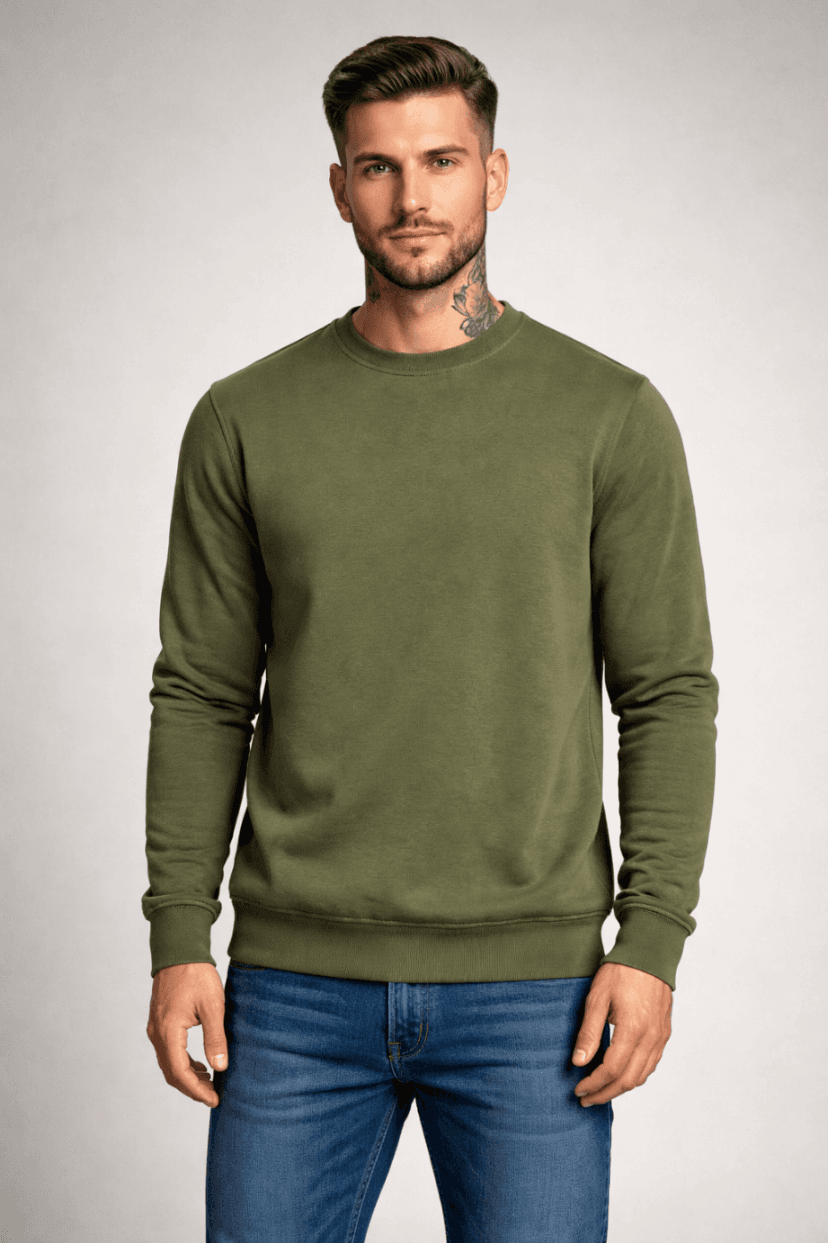 BLUZA MĘSKA BEZ KAPTURA KOLOR ZIELONY KHAKI - BAWEŁNIANA I OCIEPLANA