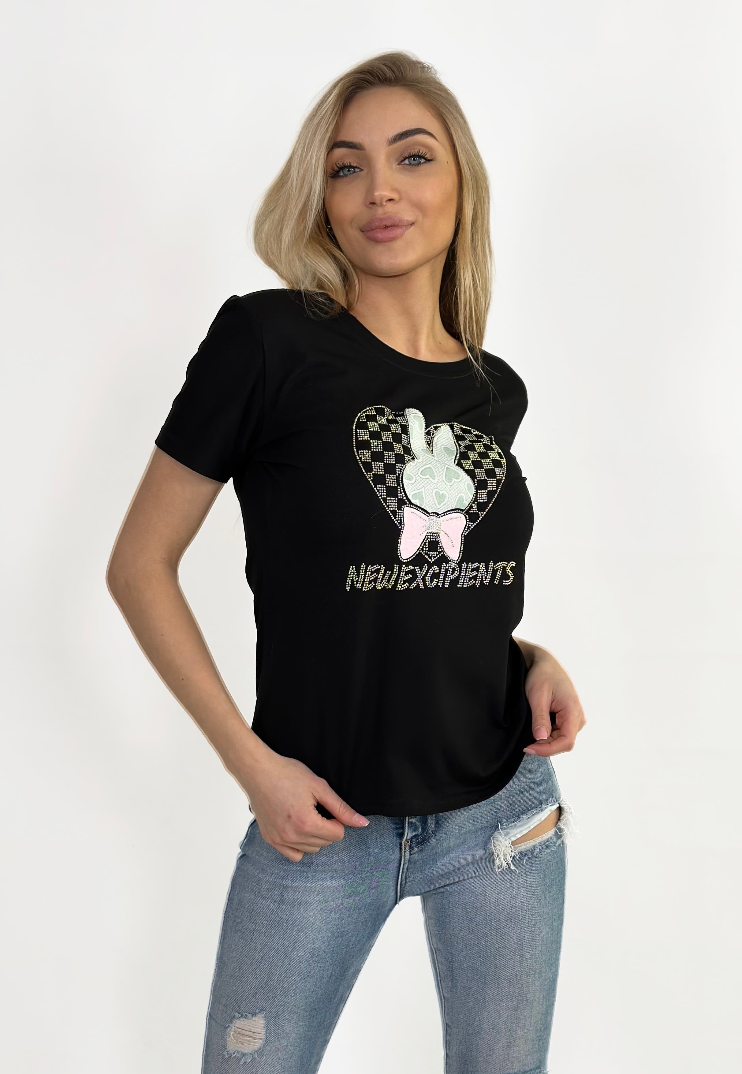 DAMSKA CZARNA KOSZULKA - APLIKACJA KRÓLIKA Z CYRKONIAMI - T-SHIRT