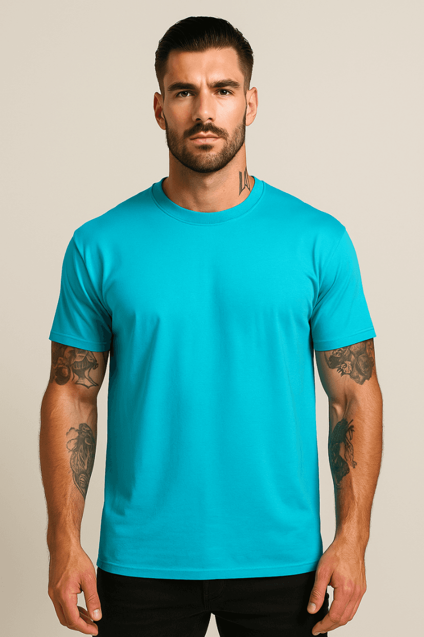 KOSZULKA MĘSKA BAWEŁNIANA - KOLOR TURKUSOWY T-SHIRT W LUŹNY KRÓJ