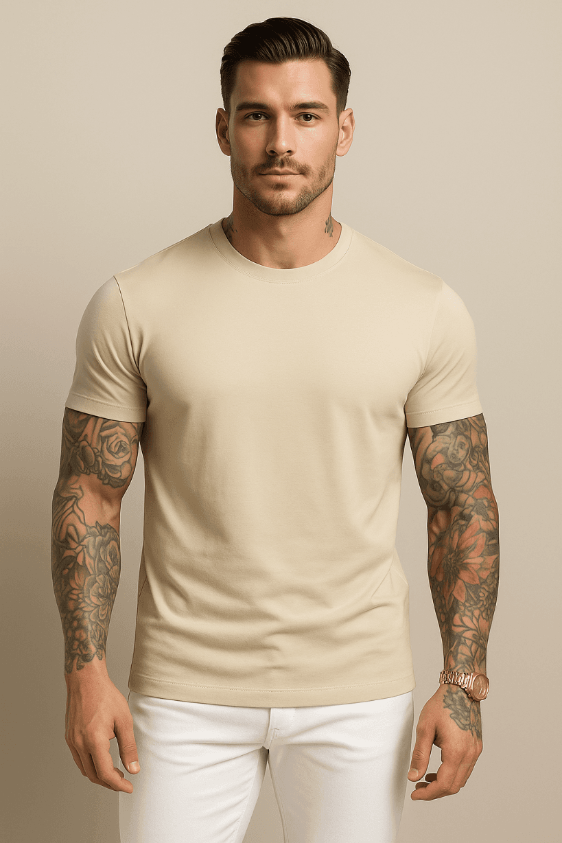 KOSZULKA MĘSKA BEŻOWA - T-SHIRT PRZYLEGAJĄCY - SLIM FIT - ELASTYCZNA