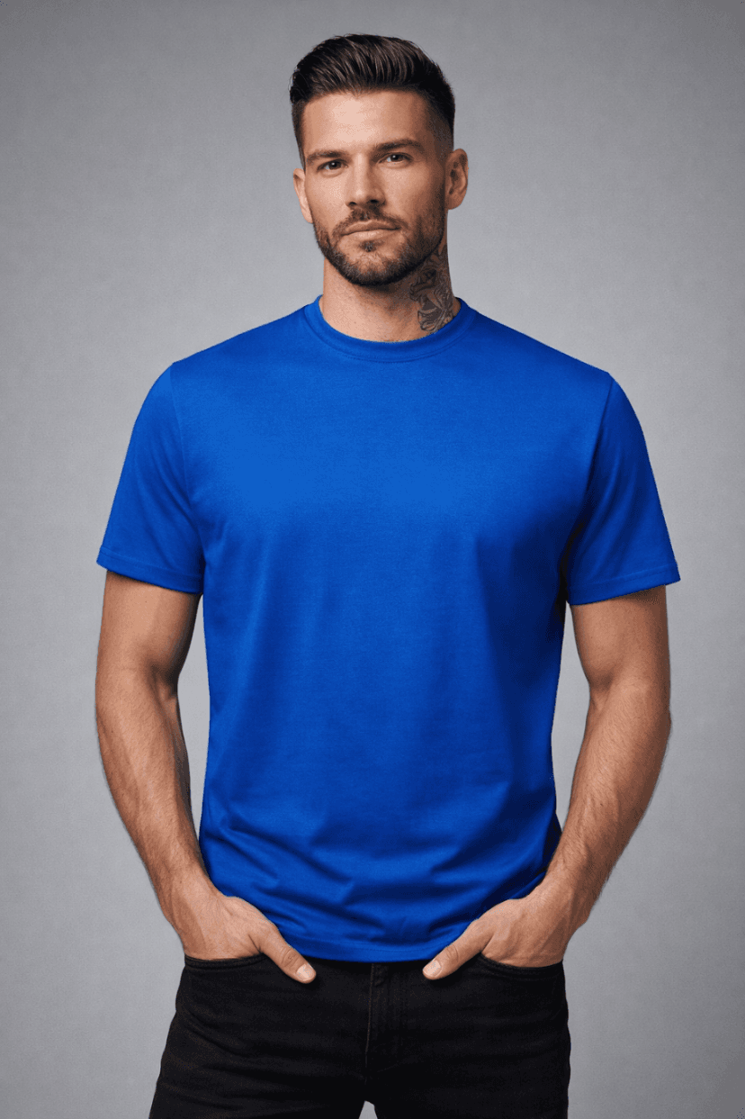 KOSZULKA MĘSKA BAWEŁNIANA - KOLOR NIEBIESKI T-SHIRT LUŹNY KRÓJ 190g/m2
