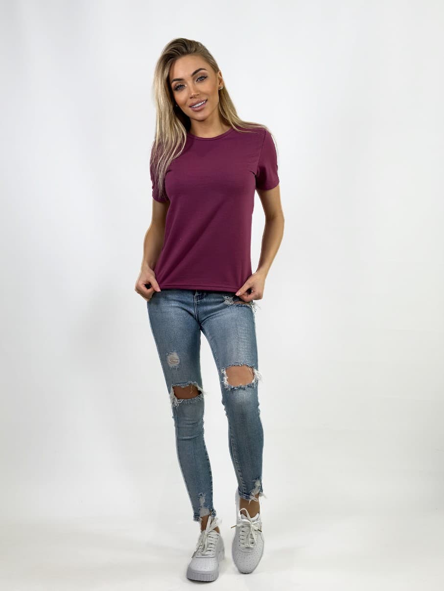 KOSZULKA DAMSKA BORDOWA - KLASYCZNA - OKRĄGŁY DEKOLT - T-SHIRT