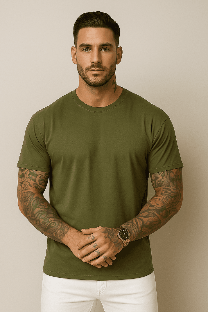 KOSZULKA MĘSKA W KOLORZE KHAKI - T-SHIRT LOOSE FIT - 100% BAWEŁNA