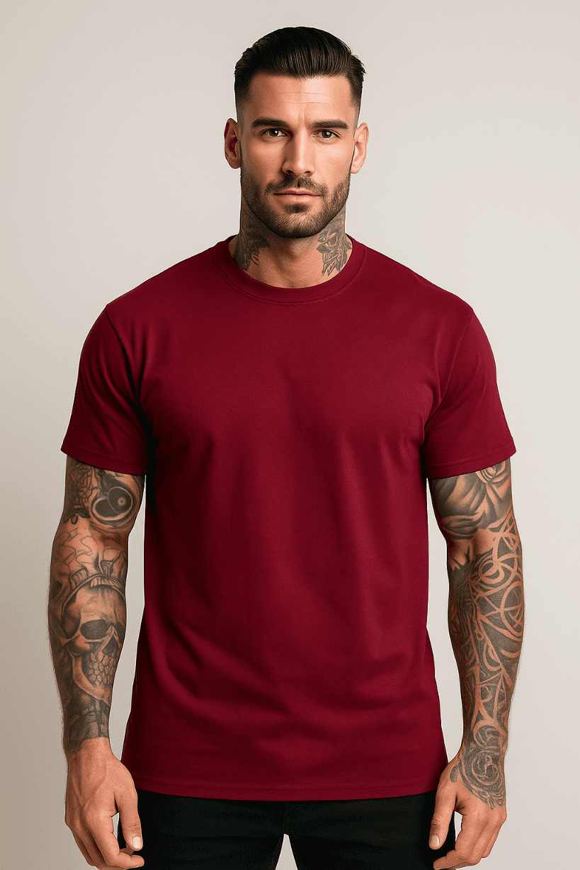 KOSZULKA MĘSKA BAWEŁNIANA - KOLOR BORDOWY - T-SHIRT LUŹNY KRÓJ 190g/m2