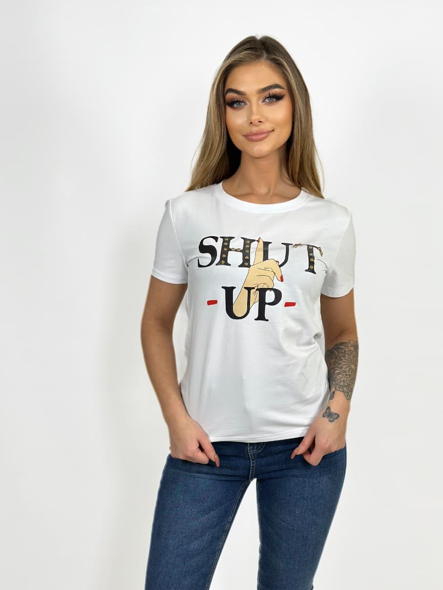 KOSZULKA DAMSKA BIAŁA - NADRUK 'SHUT UP' -ORAZ CYRKONIE - T-SHIRT