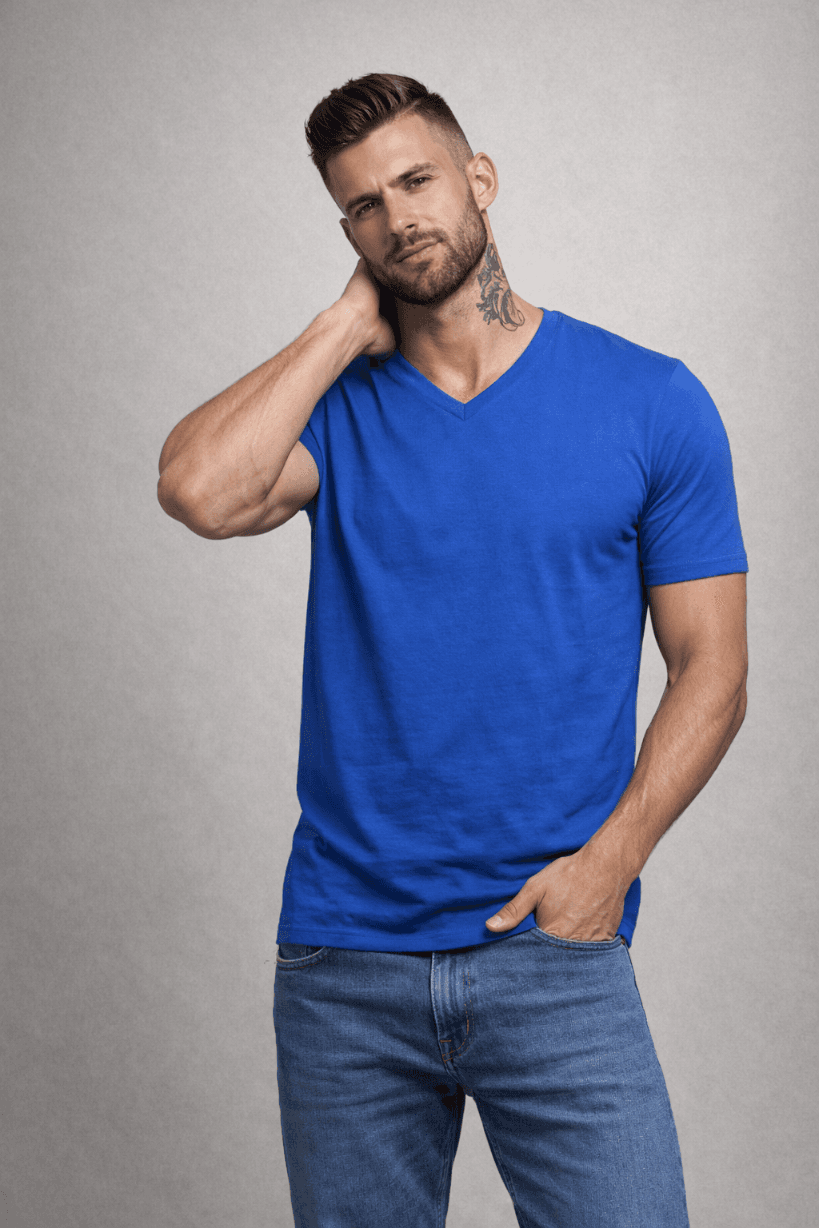 T-SHIRT MĘSKI KOSZULKA NIEBIESKA KOŁNIERZ V-NECK W SZPIC SEREK ELASTAN