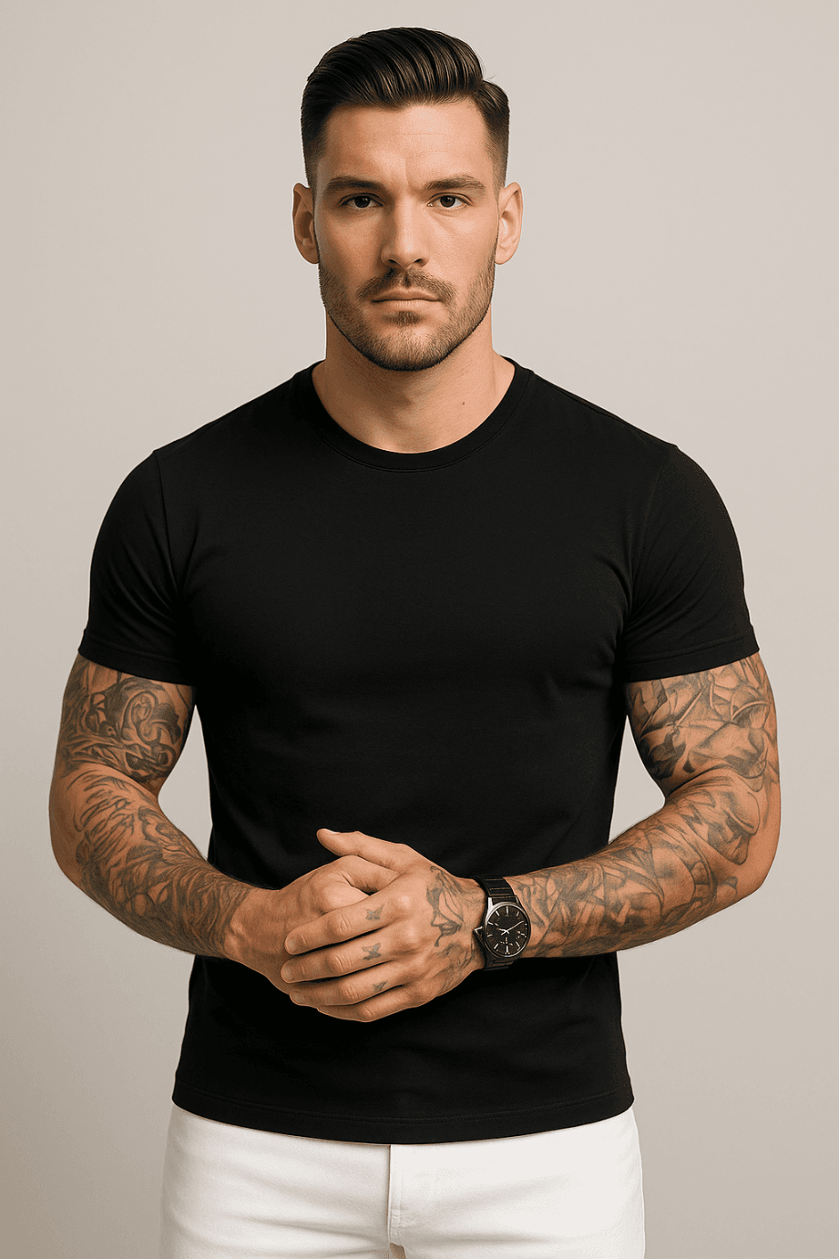 KOSZULKA MĘSKA CZARNA - T-SHIRT PRZYLEGAJĄCY - SLIM FIT - ELASTYCZNA
