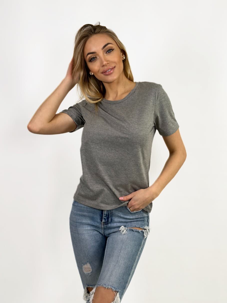KOSZULKA DAMSKA CIEMNOSZARA - KLASYCZNA - OKRĄGŁY DEKOLT - T-SHIRT