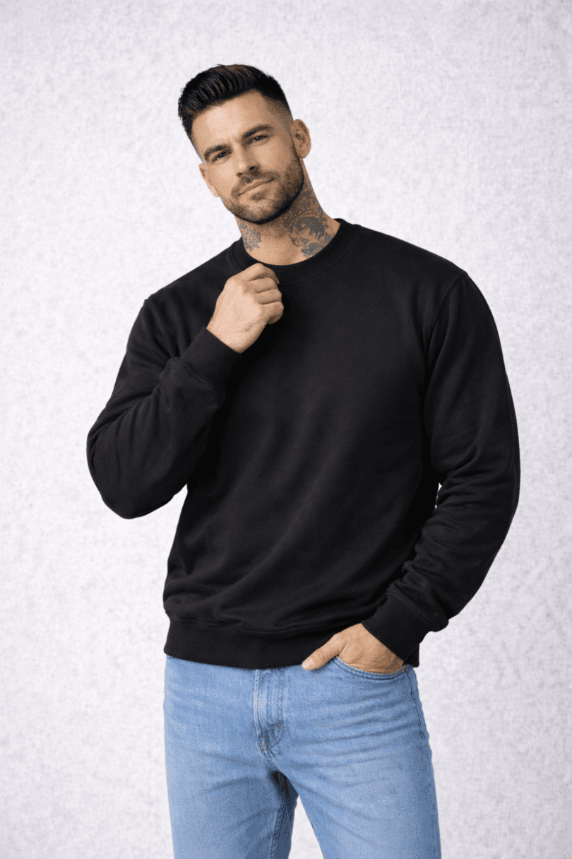 BLUZA MĘSKA BEZ KAPTURA - KOLOR CZARNY - OKRĄGŁY DEKOLT - WIOSENNA