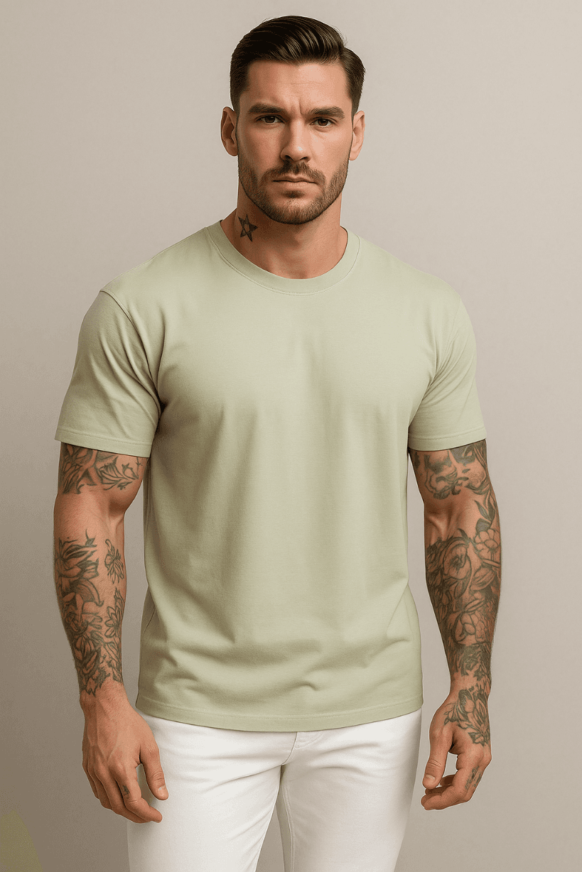 KOSZULKA MĘSKA W KOLORZE BEŻOWYM - T-SHIRT LOOSE FIT - 100% BAWEŁNA