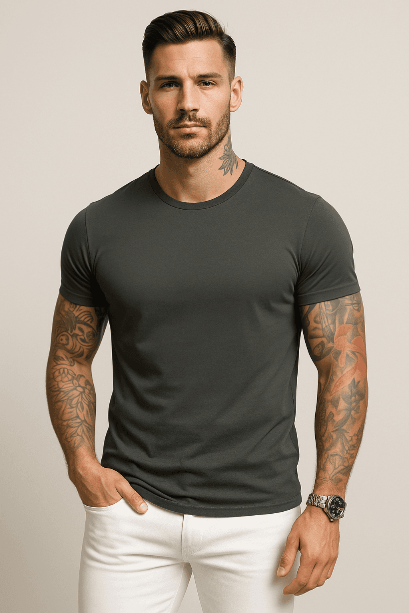 KOSZULKA MĘSKA CIEMNOSZARA - T-SHIRT PRZYLEGAJĄCY - SLIM FIT - ELASTAN