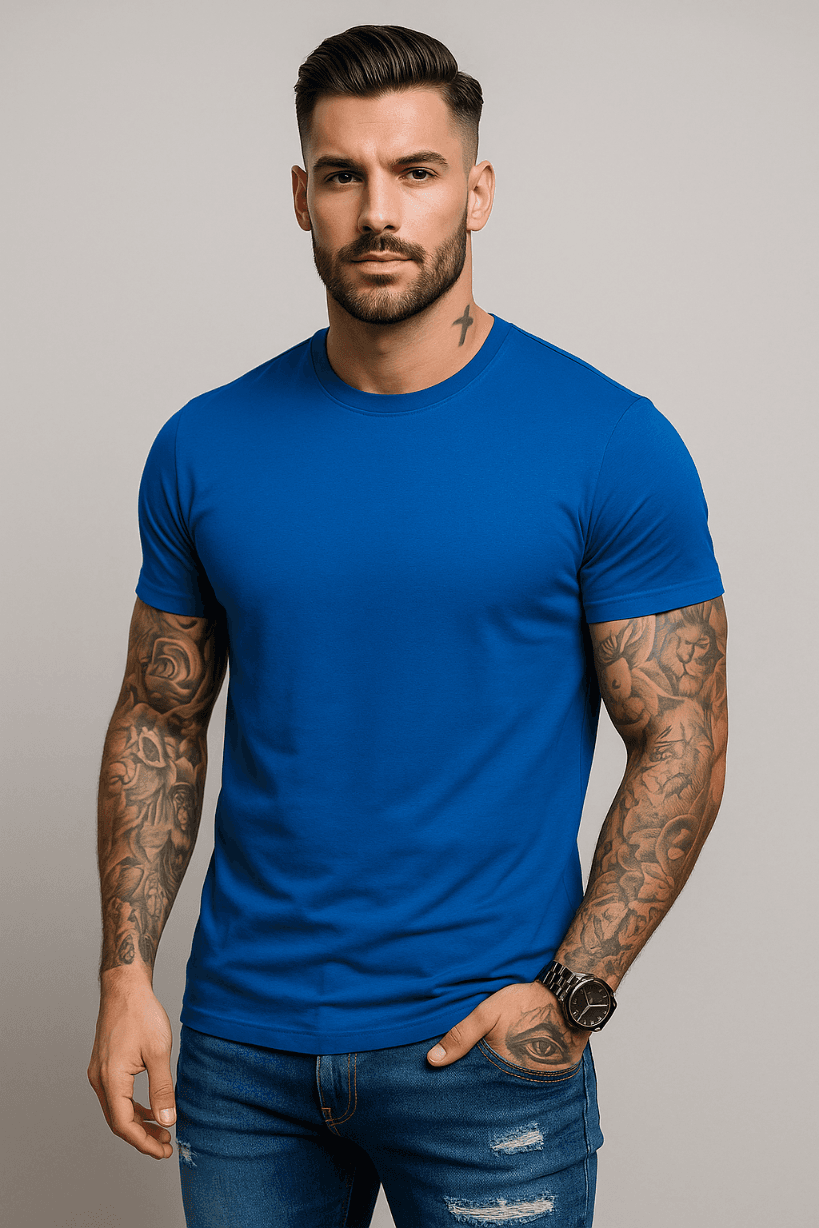 KOSZULKA MĘSKA NIEBIESKA- T-SHIRT PRZYLEGAJĄCY - SLIM FIT - ELASTYCZNA
