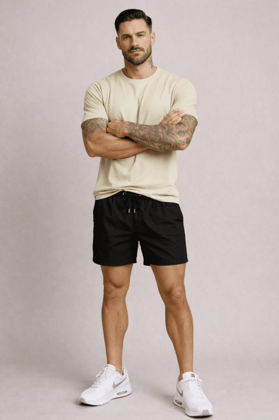 ZESTAW MĘSKI T-SHIRT PLUS SPODENKI PLAŻOWE - KOSZULKA KOLOR BEŻOWY