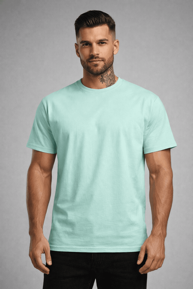 KOSZULKA MĘSKA BAWEŁNIANA - KOLOR MIĘTOWY - T-SHIRT LUŹNY KRÓJ