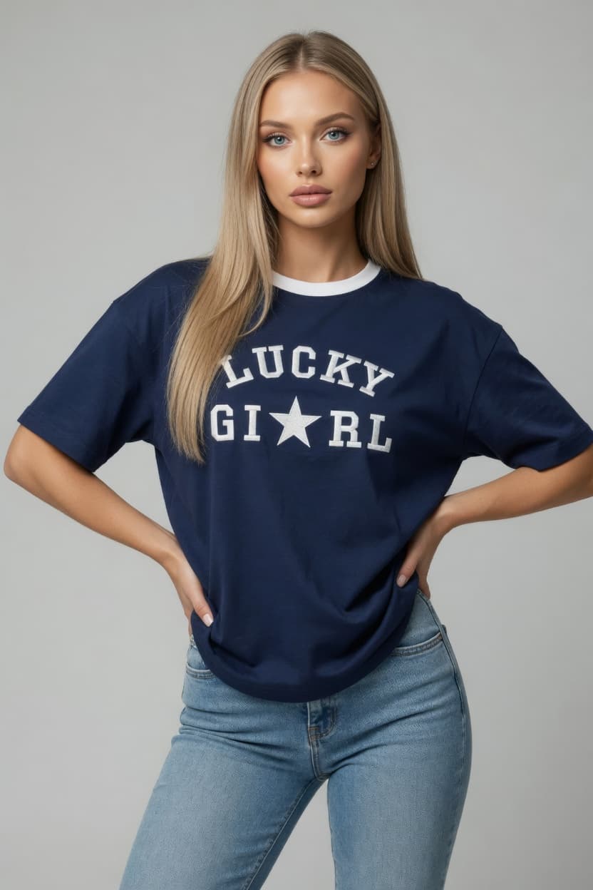 KOSZULKA DAMSKA OVERSIZE - KOLOR GRANATOWY NADRUK HAFTOWANY LUCKY GIRL