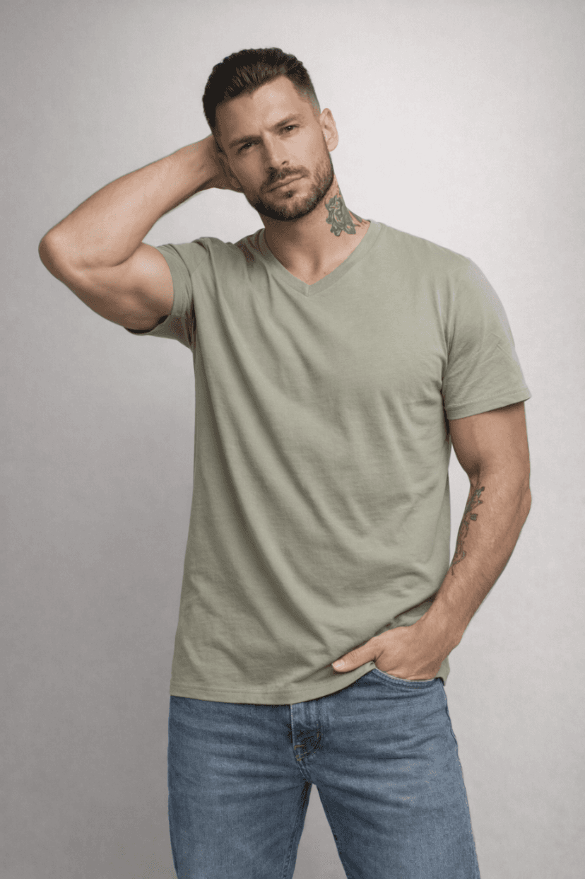 T-SHIRT MĘSKI - KOSZULKA KHAKI KOŁNIERZ V-NECK W SZPIC SEREK ELASTAN