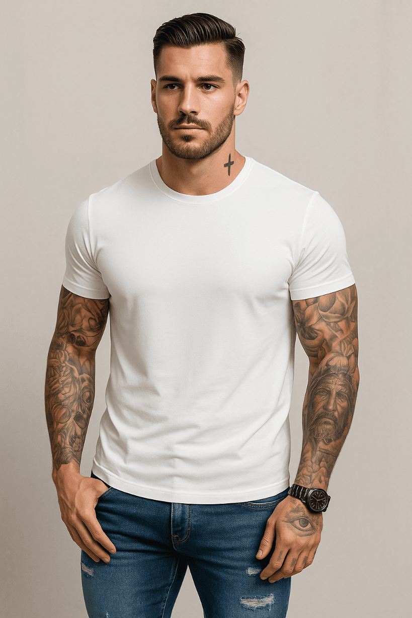 KOSZULKA MĘSKA BIAŁA - T-SHIRT PRZYLEGAJĄCY - SLIM FIT - ELASTYCZNA