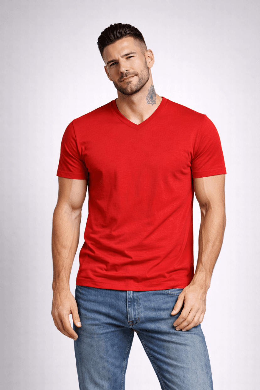 T-SHIRT MĘSKI - KOSZULKA CZEROWNA KOŁNIERZ V-NECK W SZPIC SEREK ELASTAN