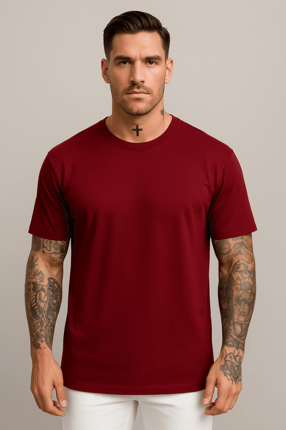 KOSZULKA MĘSKA W KOLORZE BORDOWYM - T-SHIRT LOOSE FIT - 100% BAWEŁNA