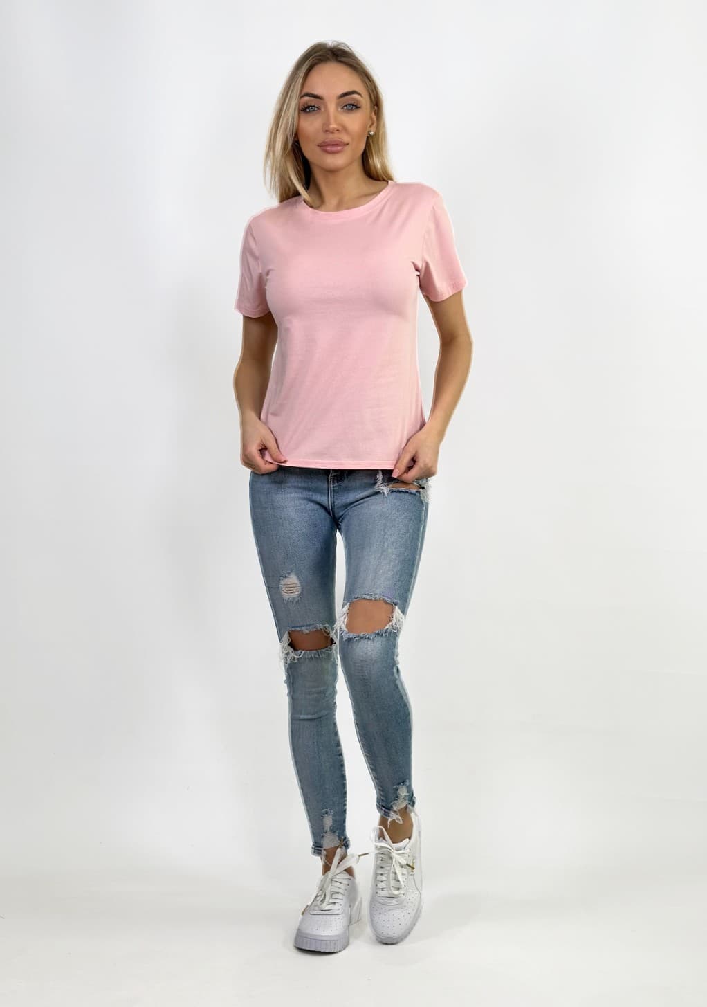 KOSZULKA T-SHIRT DAMSKI - W KOLORZE RÓŻOWYM - BAWEŁNA Z ELASTANEM