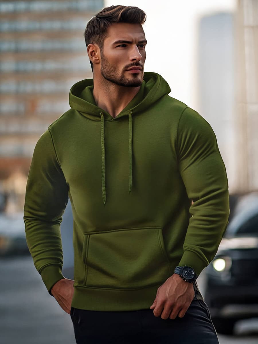 BLUZA MĘSKA Z KAPTUREM W KOLORZE KHAKI - KIESZEŃ KANGUREK - OCIEPLANA