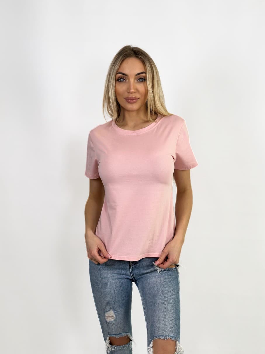 KOSZULKA DAMSKA JASNORÓŻOWA - KLASYCZNA - OKRĄGŁY DEKOLT - T-SHIRT