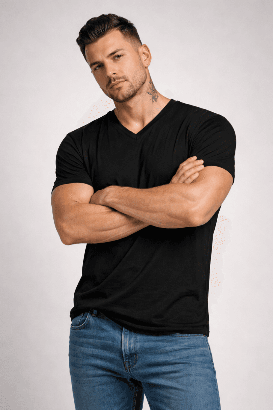 T-SHIRT MĘSKI - KOSZULKA CZARNA - KOŁNIERZ V-NECK W SZPIC SEREK ELASTAN