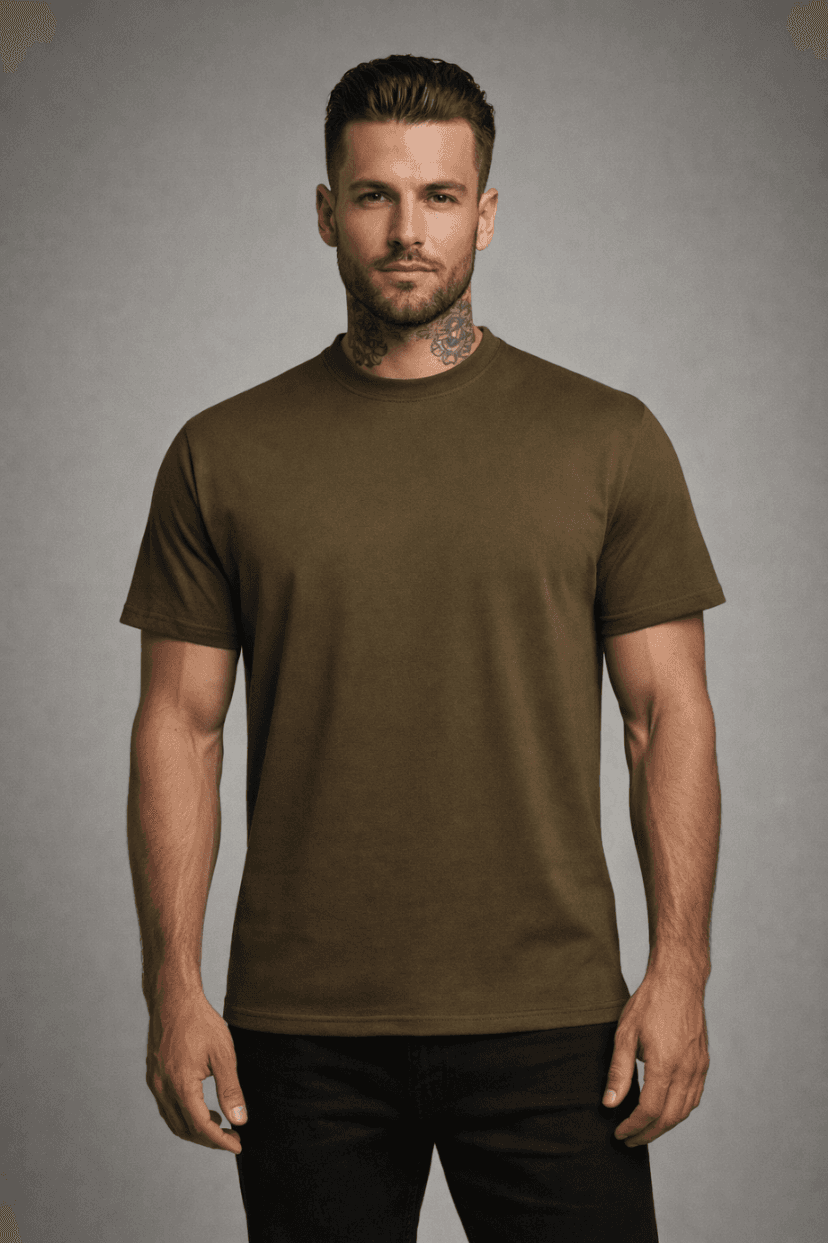 KOSZULKA MĘSKA BAWEŁNIANA - KOLOR KHAKI T-SHIRT LUŹNY KRÓJ 190g/m2