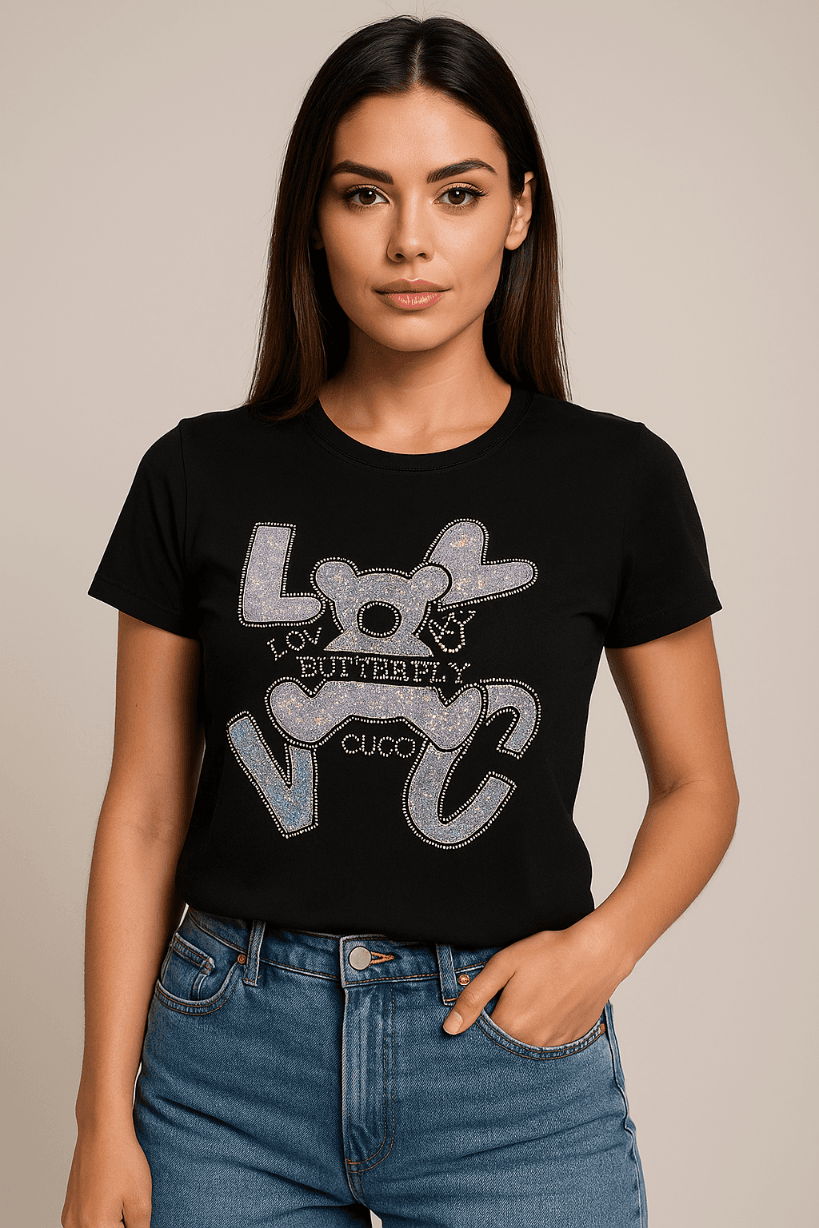 KOSZULKA DAMSKA - T-SHIRT CZARNY Z MISIEM LOVE- CYRKONIE, CEKINY