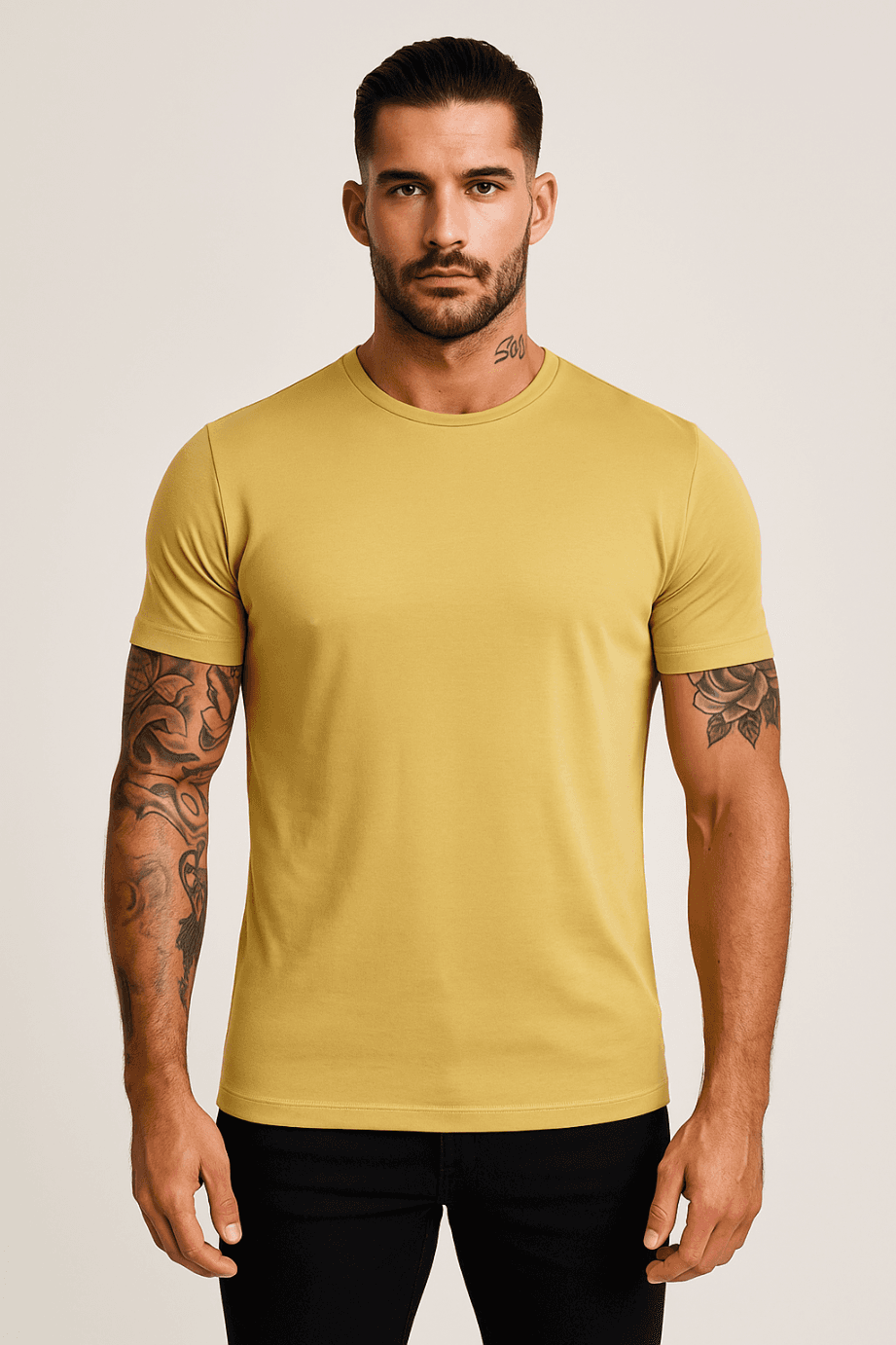 KOSZULKA MĘSKA MUSZTARDOWA - T-SHIRT PRZYLEGAJĄCY - SLIM FIT - ELASTAN