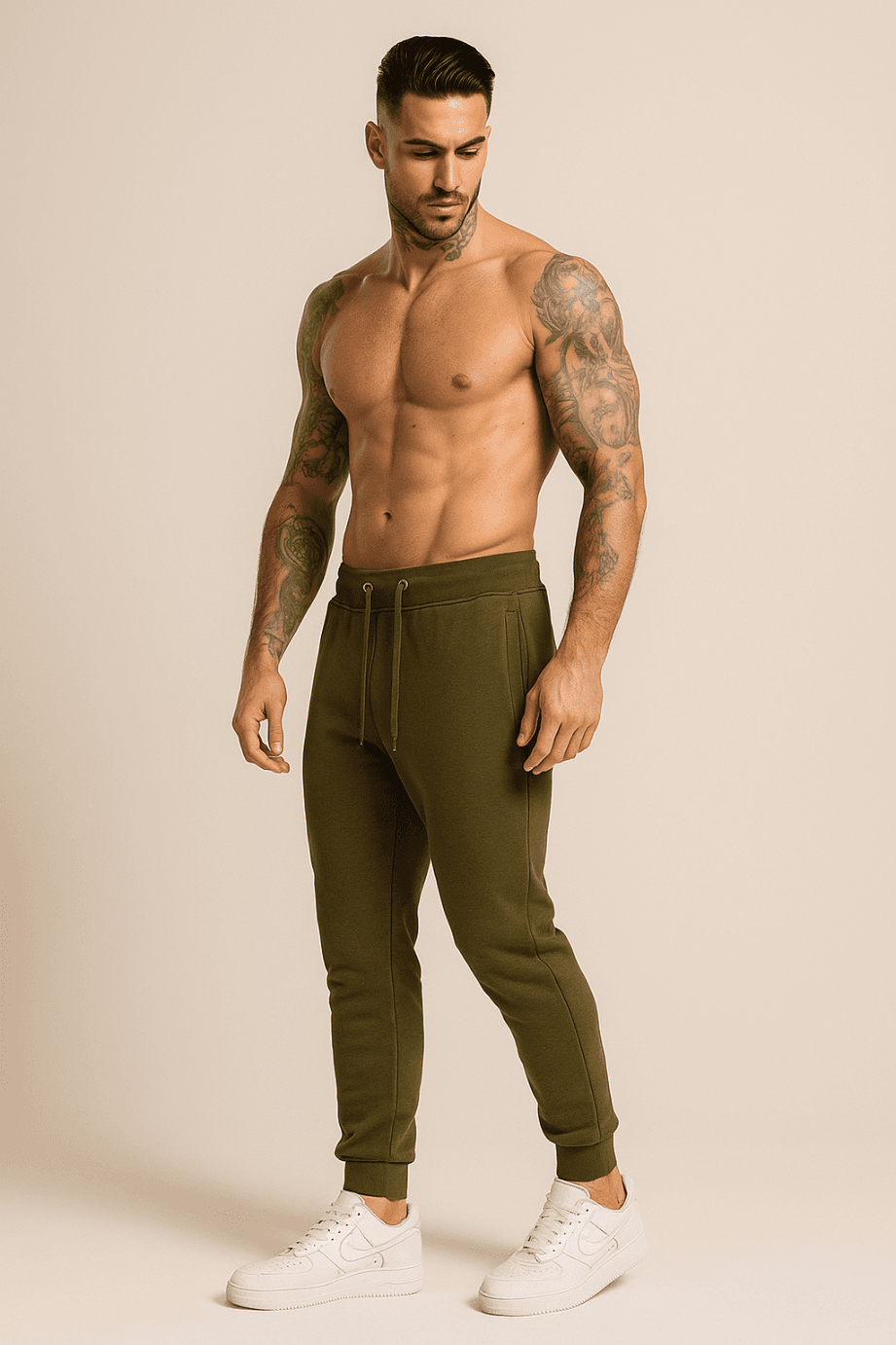 DRESY MĘSKIE - SPODNIE DRESOWE - W KOLORZE KHAKI - JOGGERY BAWEŁNIANE