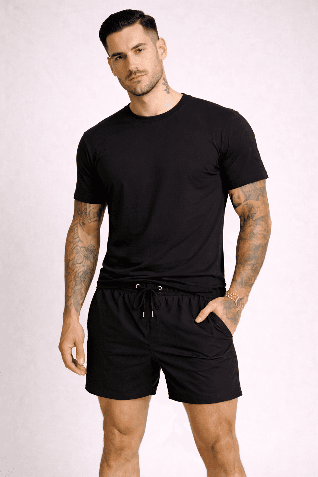 ZESTAW MĘSKI T-SHIRT PLUS SPODENKI PLAŻOWE - KOSZULKA KOLOR CZARNY