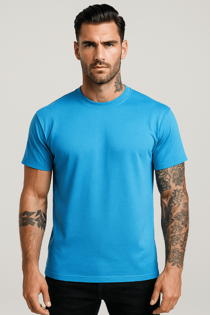 KOSZULKA MĘSKA BAWEŁNIANA - KOLOR JASNY NIEBIESKI T-SHIRT W LUŹNY KRÓJ