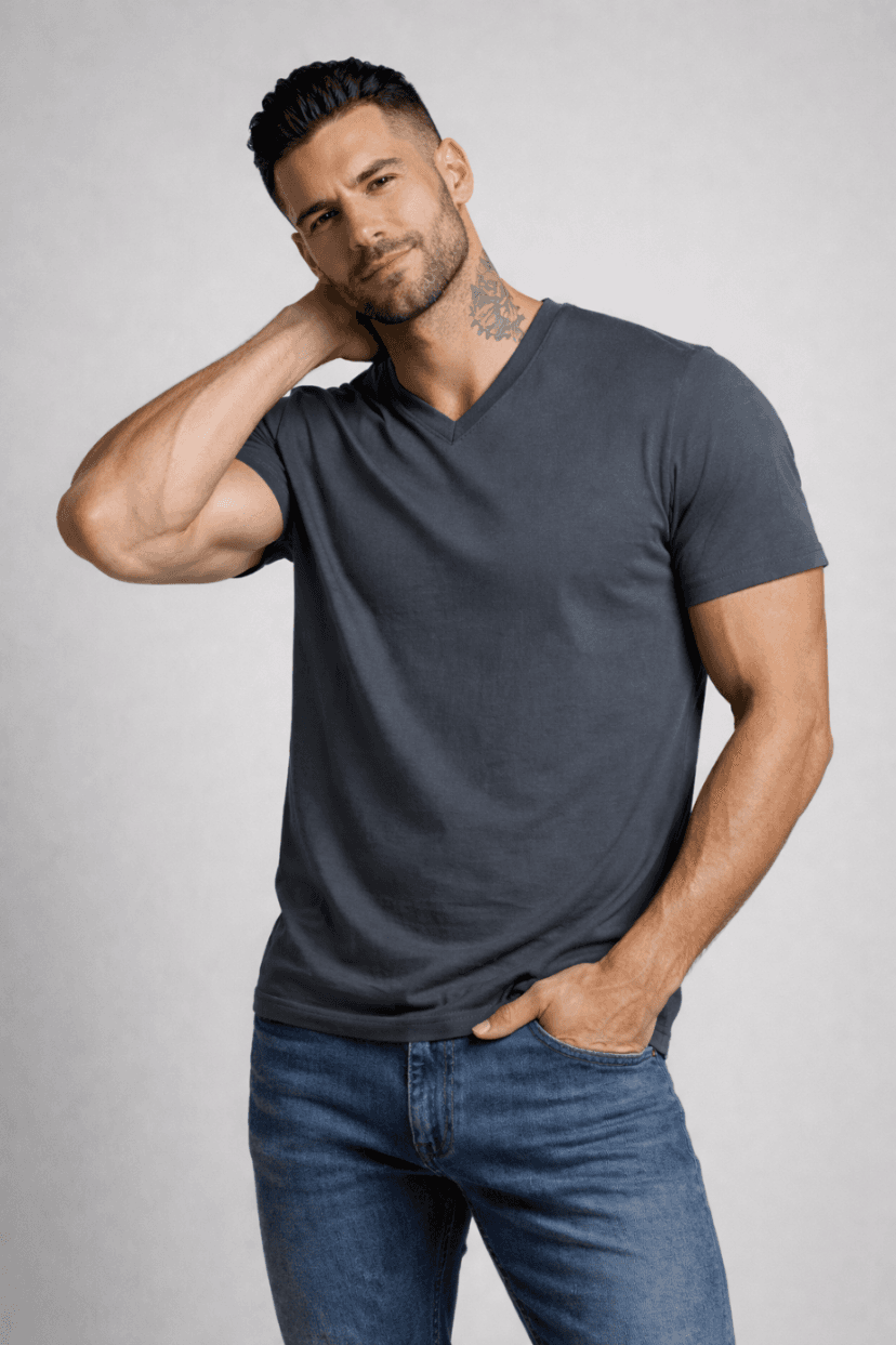 T-SHIRT MĘSKI - KOSZULKA GRAFIT KOŁNIERZ V-NECK W SZPIC SEREK ELASTAN