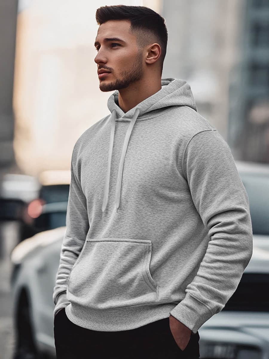 BLUZA MĘSKA Z KAPTUREM W KOLORZE JASNOSZARYM - KIESZEŃ KANGUREK - MODNA