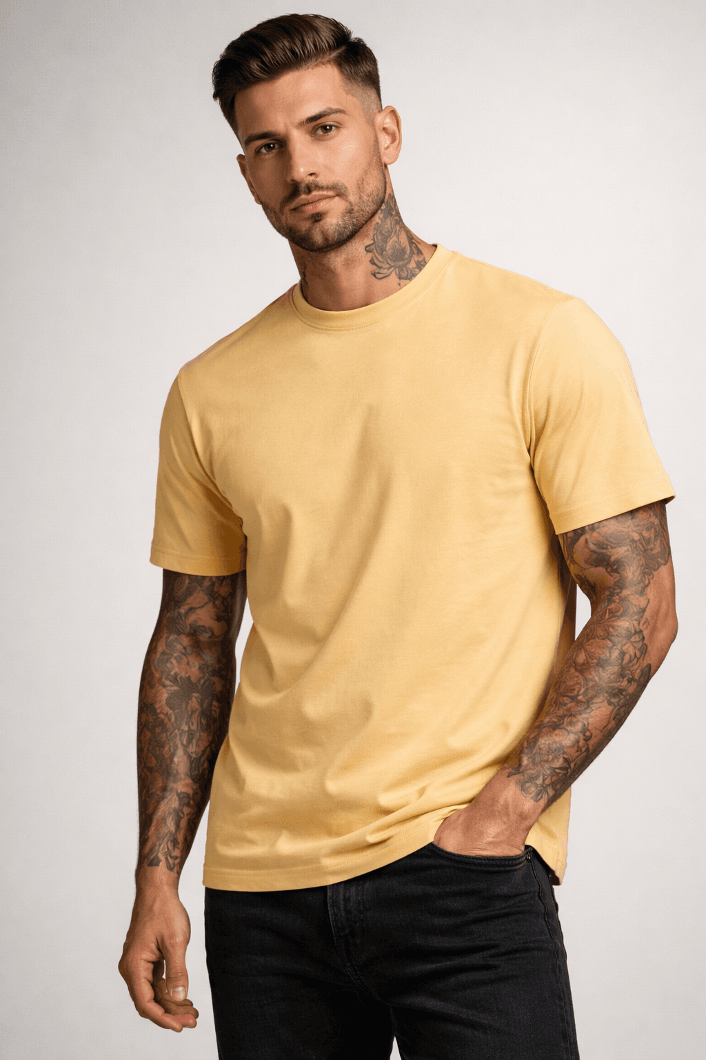 KOSZULKA MĘSKA BAWEŁNIANA - KOLOR PIASKOWY T-SHIRT LUŹNY KRÓJ 190g/m2