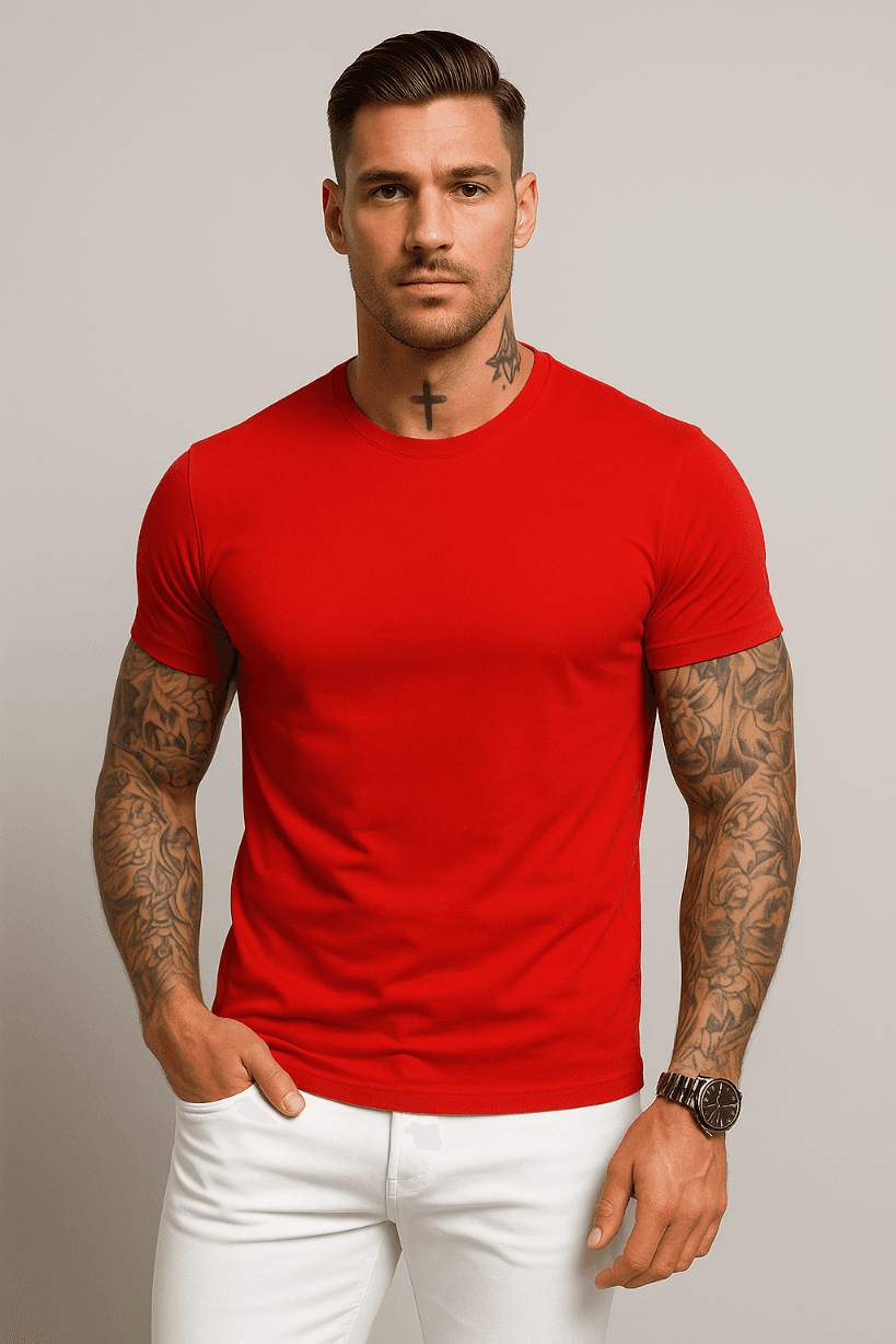 KOSZULKA MĘSKA CZERWONA - T-SHIRT PRZYLEGAJĄCY - SLIM FIT - ELASTYCZNA