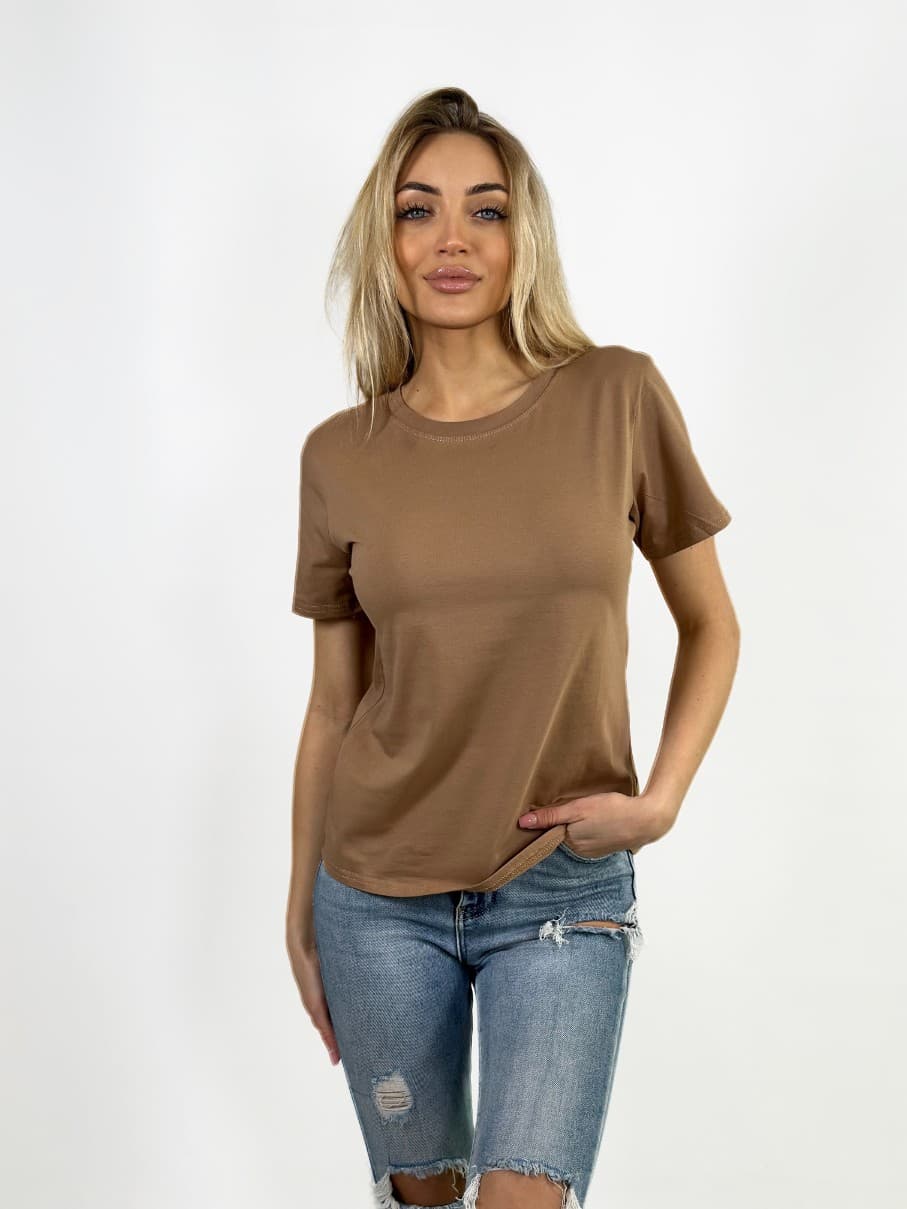 KOSZULKA T-SHIRT DAMSKI - W KOLORZE BRĄZOWYM - BAWEŁNA Z ELASTANEM