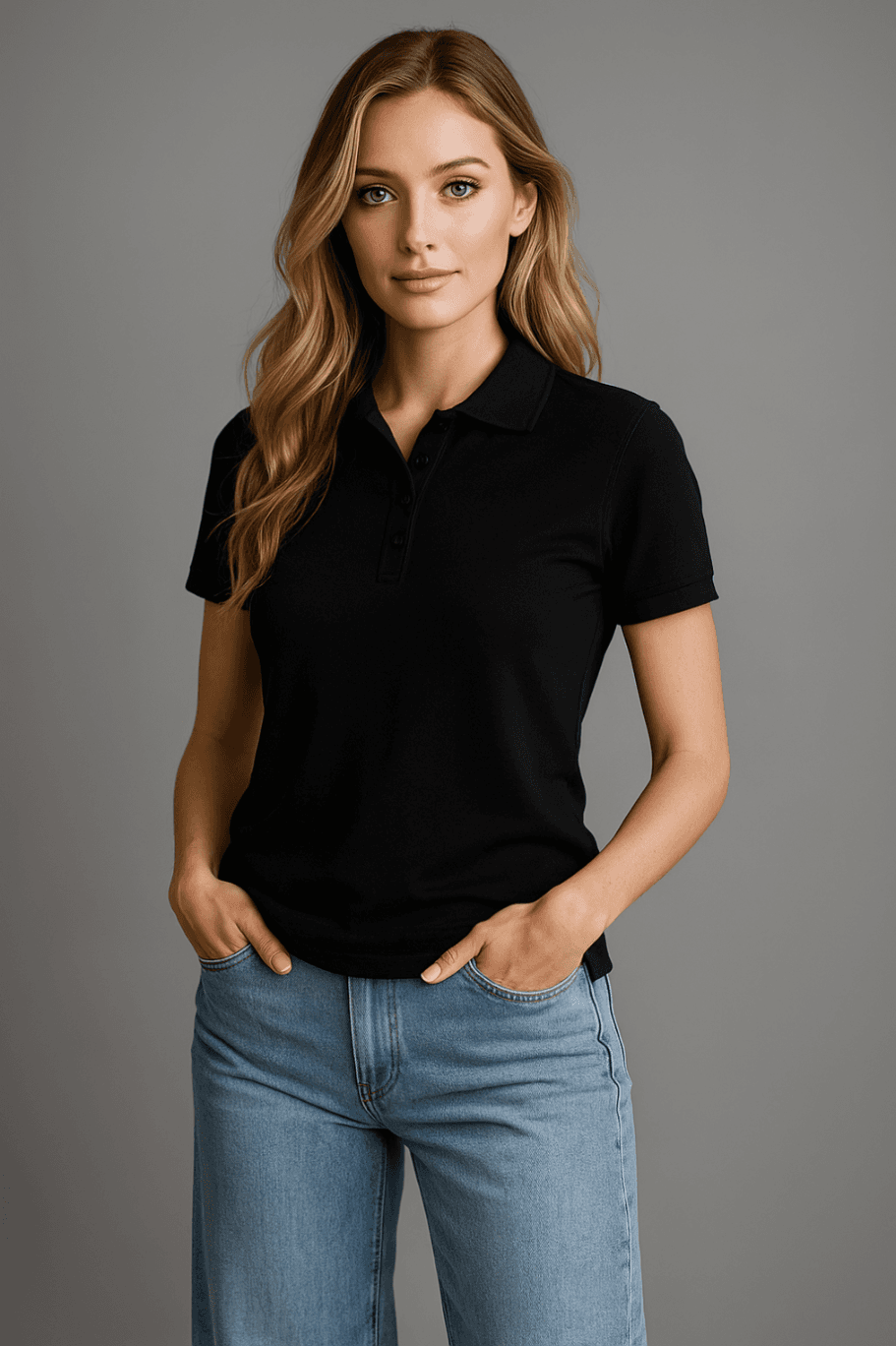 POLÓWKA DAMSKA - KOSZULKA POLO - W KOLORZE CZARNYM - 100% BAWEŁNA