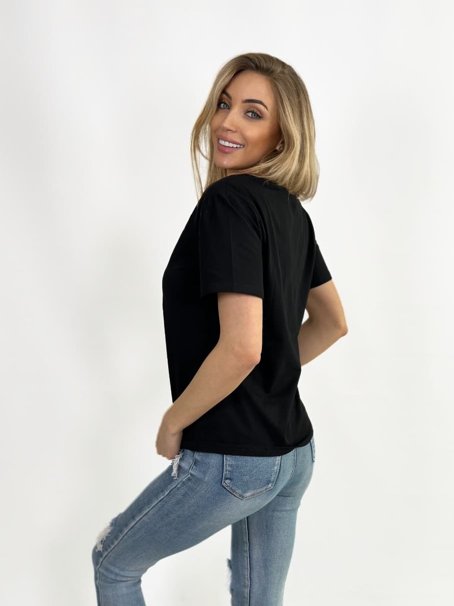 KOSZULKA DAMSKA CZARNA - KLASYCZNA - OKRĄGŁY DEKOLT - T-SHIRT