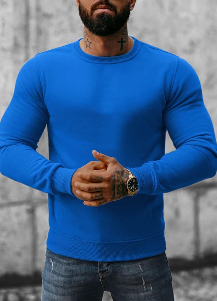 BLUZA MĘSKA NIEBIESKA BEZ KAPTURA - BASIC ORAZ WYGODNY KRÓJ - BAWEŁNA