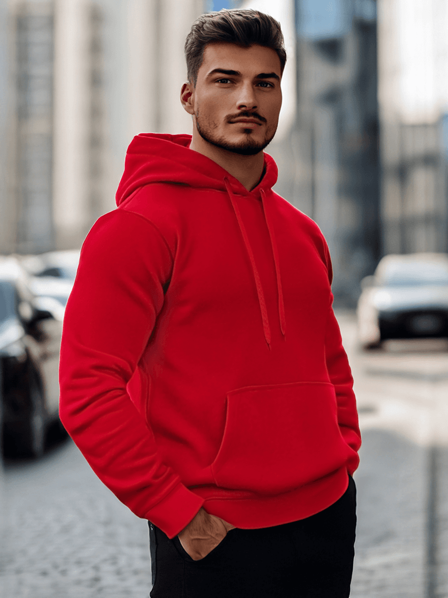 BLUZA MĘSKA Z KAPTUREM W KOLORZE CZERWONYM - KIESZEŃ KANGUREK - MODNA