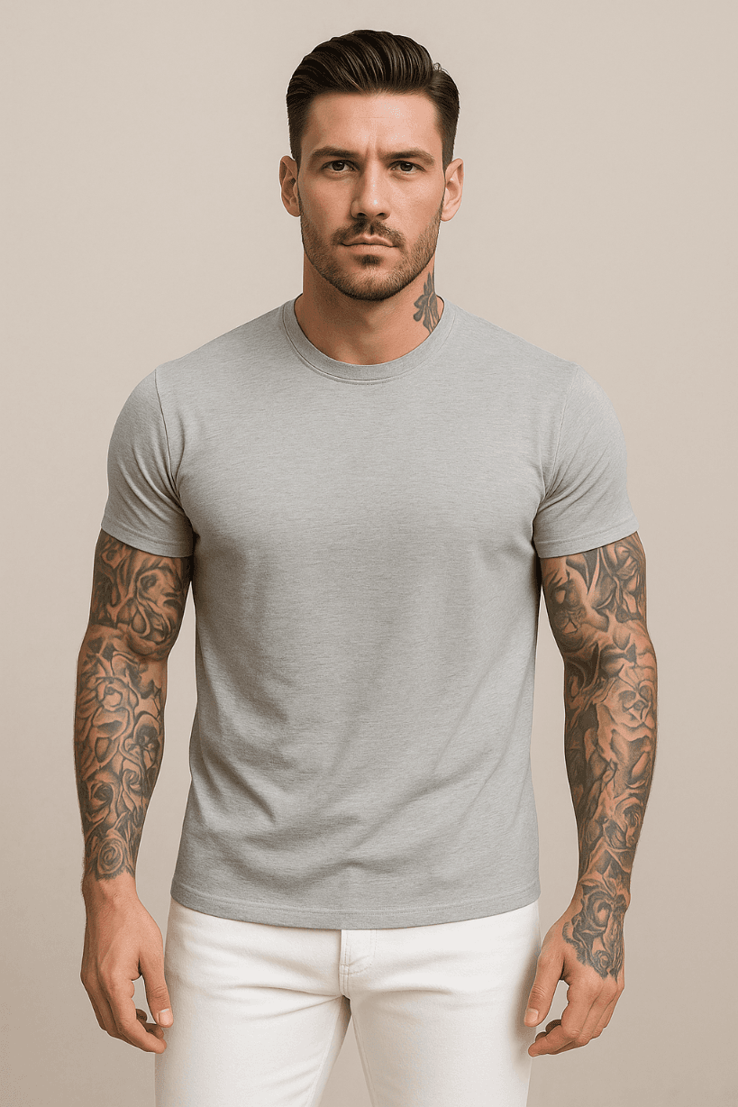KOSZULKA MĘSKA JASNOSZARA- T-SHIRT PRZYLEGAJĄCY - SLIM FIT - ELASTAN