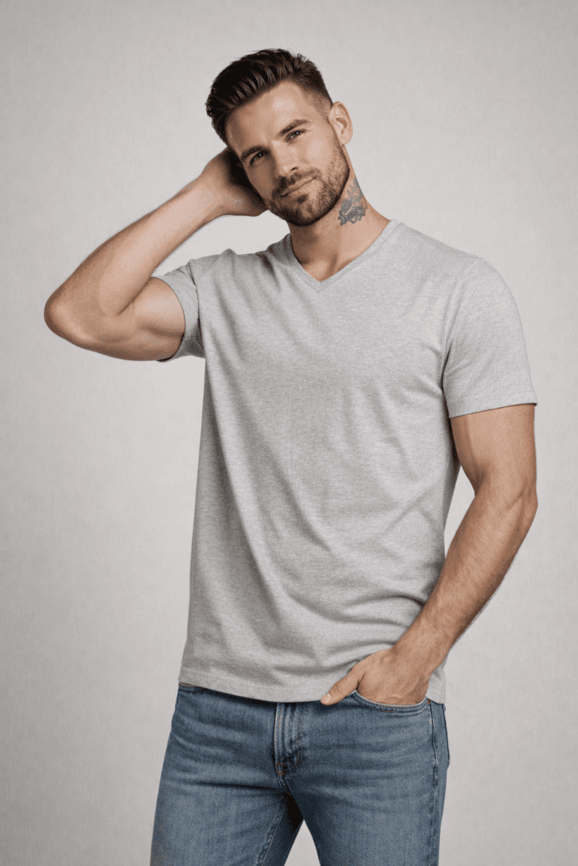 T-SHIRT MĘSKI - KOSZULKA SZARA KOŁNIERZ V-NECK W SZPIC SEREK ELASTAN