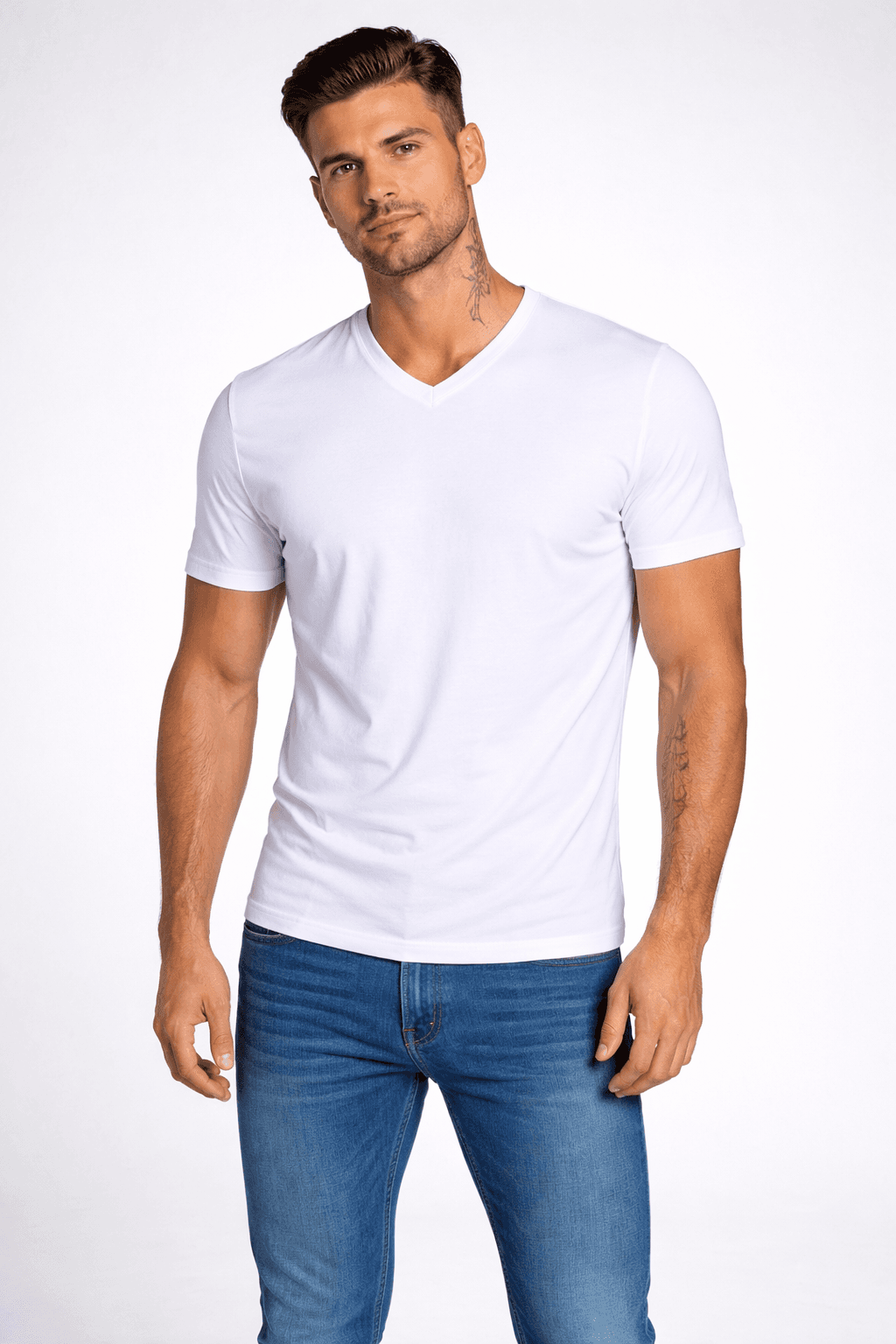 T-SHIRT MĘSKI - KOSZULKA BIAŁA - KOŁNIERZ V-NECK W SZPIC SEREK ELASTAN