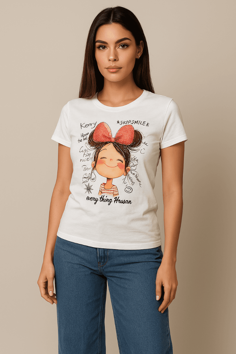 KOSZULKA DAMSKA - T-SHIRT BIAŁY Z MODNĄ APLIKACJĄ - CYRKONIE, CEKINY