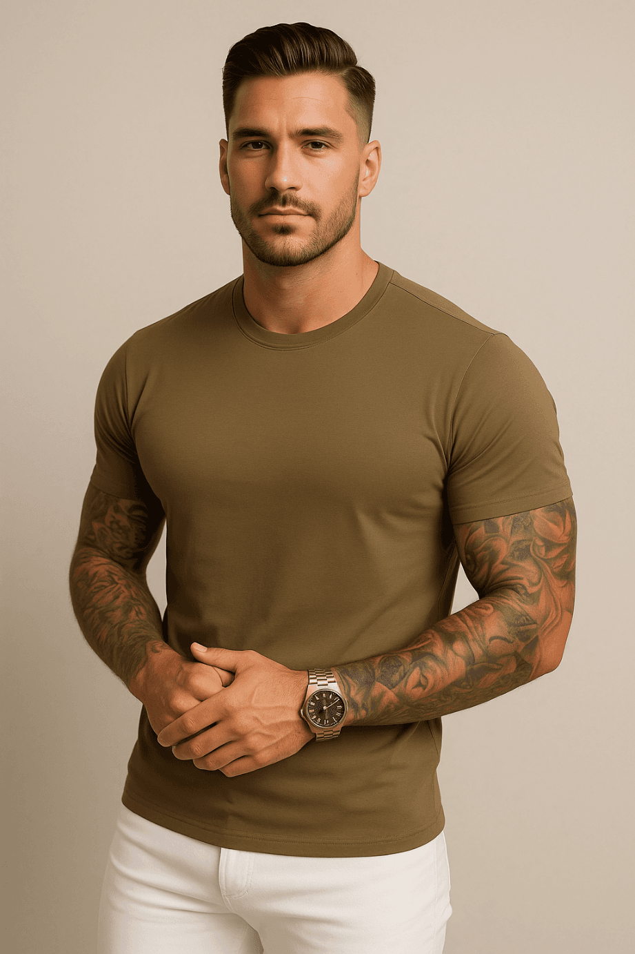KOSZULKA MĘSKA BRĄZOWA - T-SHIRT PRZYLEGAJĄCY - SLIM FIT - ELASTYCZNA
