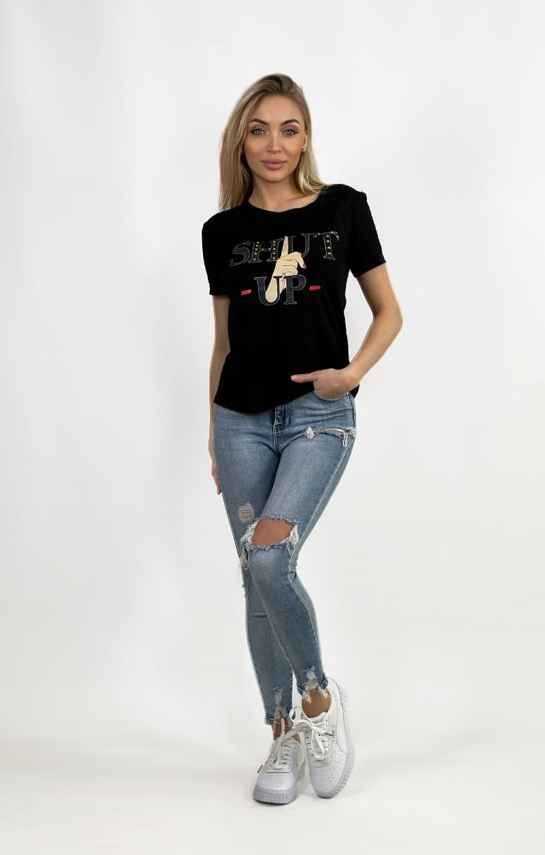 KOSZULKA DAMSKA CZARNA - NADRUK 'SHUT UP' -ORAZ CYRKONIE - T-SHIRT