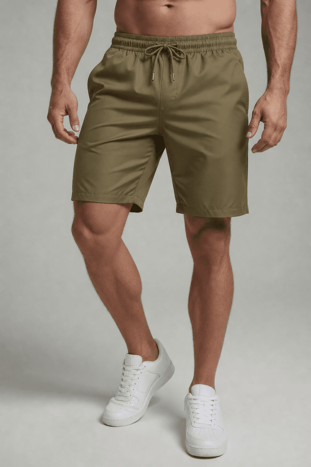 SPODENKI MĘSKIE SZYBKOSCHNĄCE - KOLOR BEŻOWY - SPORTOWE SHORTY NYLON